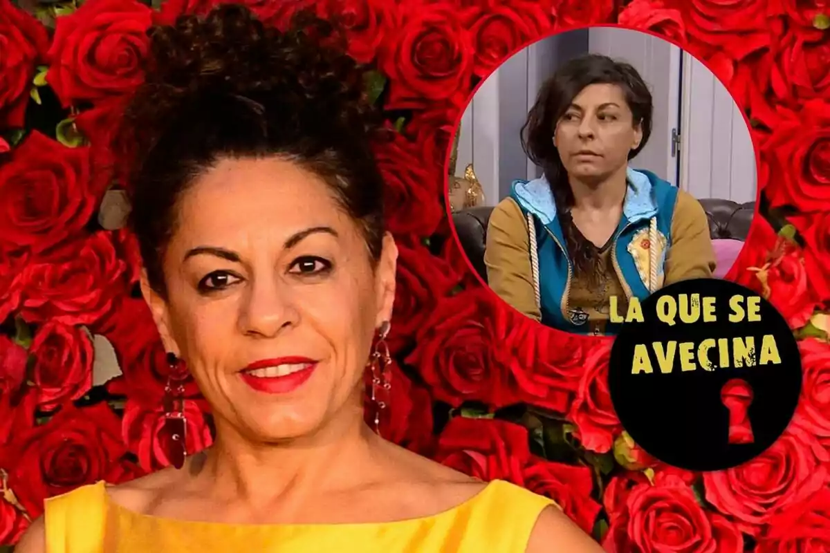 Cristina Medina con vestido amarillo frente a un fondo de rosas rojas y un círculo con otra imagen de ella en un entorno diferente con el texto "La que se avecina".