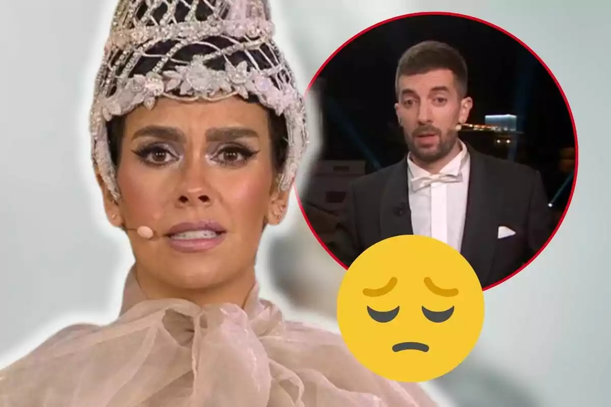 Cristina Pedroche con un elaborado tocado y expresión seria aparece en primer plano mientras David Broncano en esmoquin se muestra en un círculo rojo en el fondo junto a un emoji de cara triste.