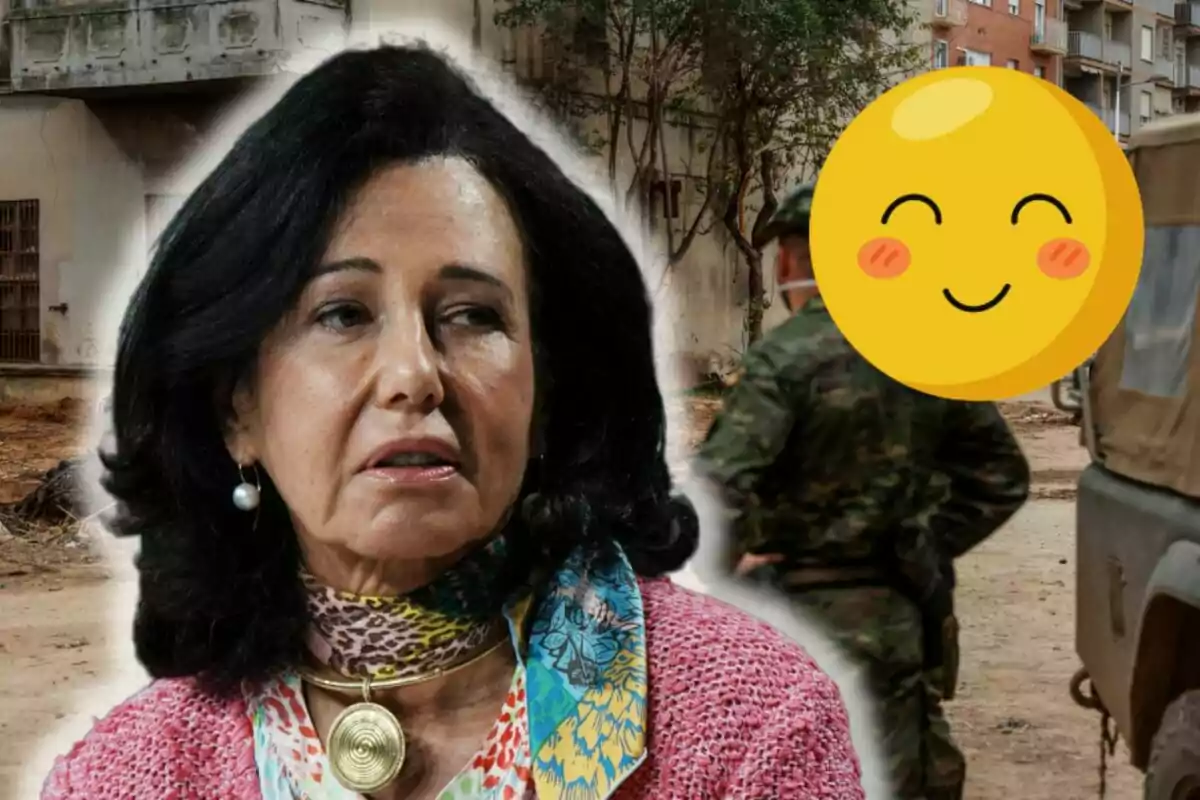 Ana Botín con cabello oscuro y un pañuelo colorido está en primer plano, mientras que en el fondo se ve un edificio deteriorado y un soldado con un emoji sonriente cubriendo su rostro.