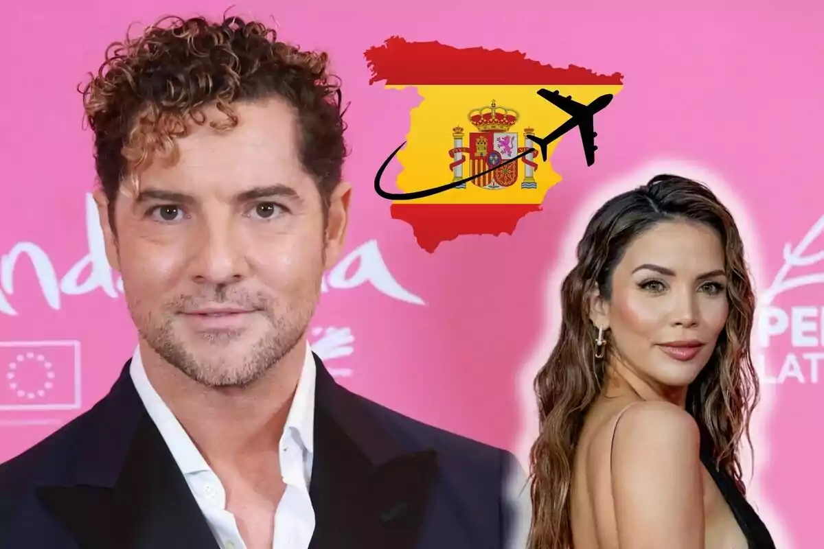 David Bisbal y Rosanna Zanetti posan frente a un fondo rosa con un gráfico de un mapa de España y un avión.