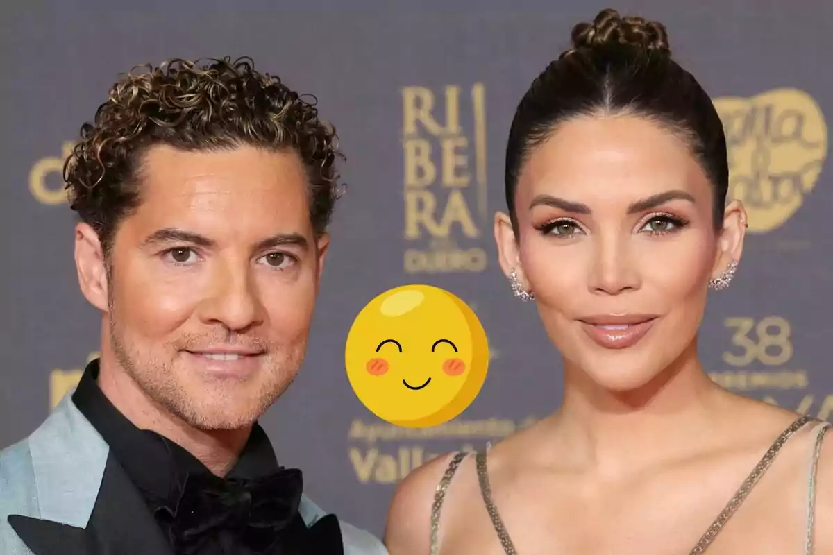 David Bisbal y Rosanna Zanetti posan juntas en un evento formal con un fondo que muestra logotipos y texto, y un emoji sonriente está superpuesto en el centro de la imagen.