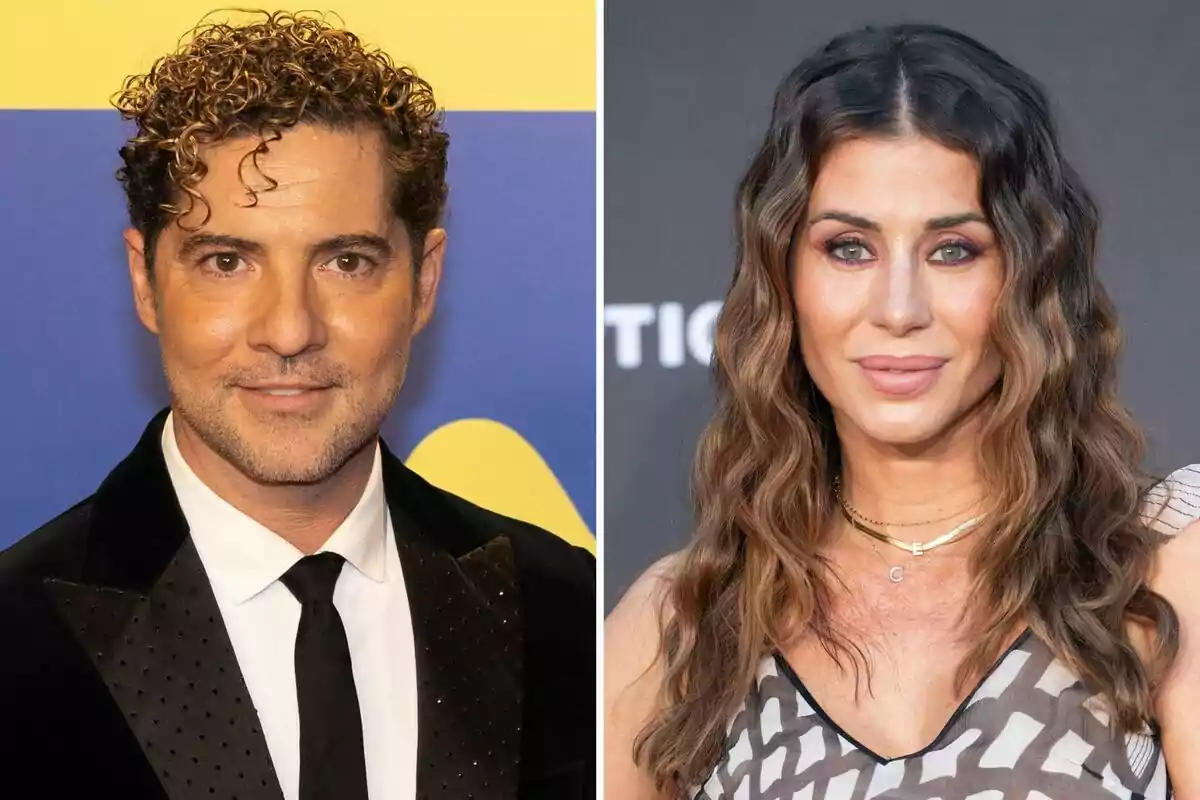 David Bisbal y Elena Tablada posando para la cámara, una con traje y corbata y la otra con un vestido estampado. David Bisbal y Elena Tablada posando para la cámara, una con traje y corbata y la otra con un vestido estampado.