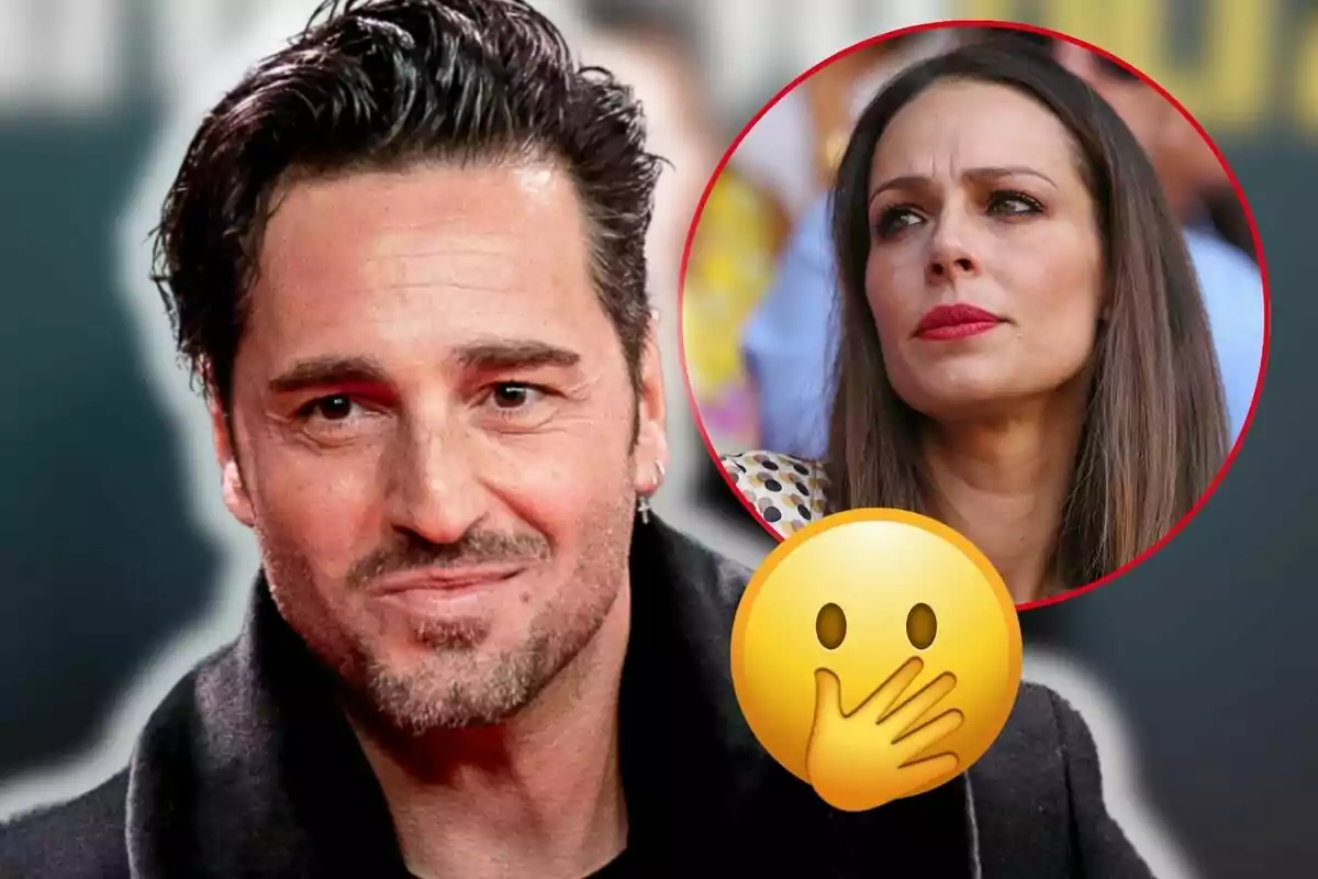 David Bustamante con expresión pensativa y Eva González en un círculo rojo con un emoji de sorpresa en primer plano.