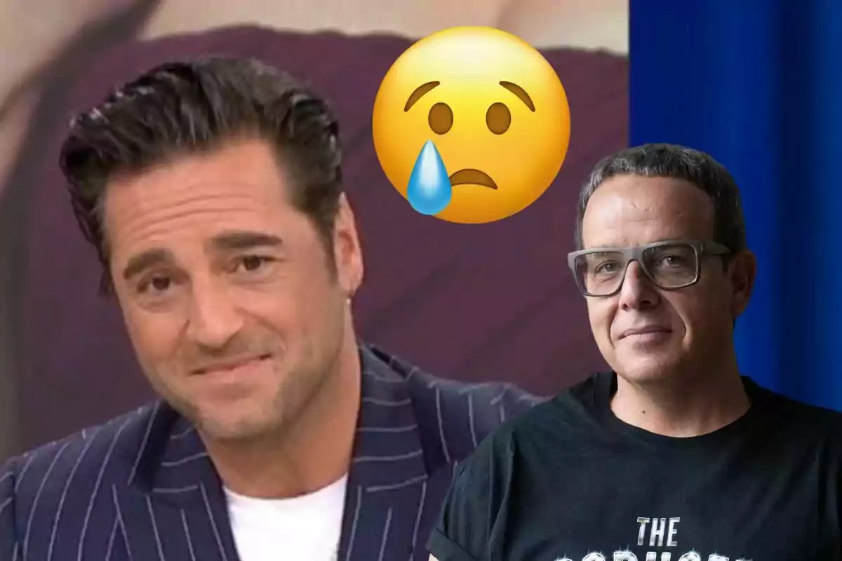 David Bustamante y Àngel llàcer, David con traje a rayas y Àngel con camiseta negra, con un emoji de cara triste y una lágrima entre ellos.