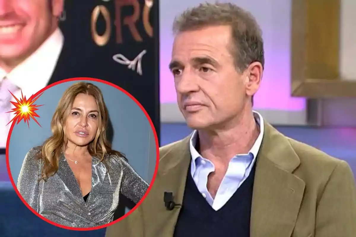 Un hombre con chaqueta marrón y camisa blanca aparece en un programa de televisión, mientras que en un círculo rojo se muestra la imagen de una mujer con cabello rubio y una blusa plateada.