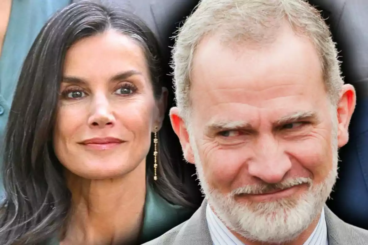 Montaje de fotos de primer plano de la reina Letizia Ortiz y el rey Felipe de Borbon, con rostros medio sonrientes.