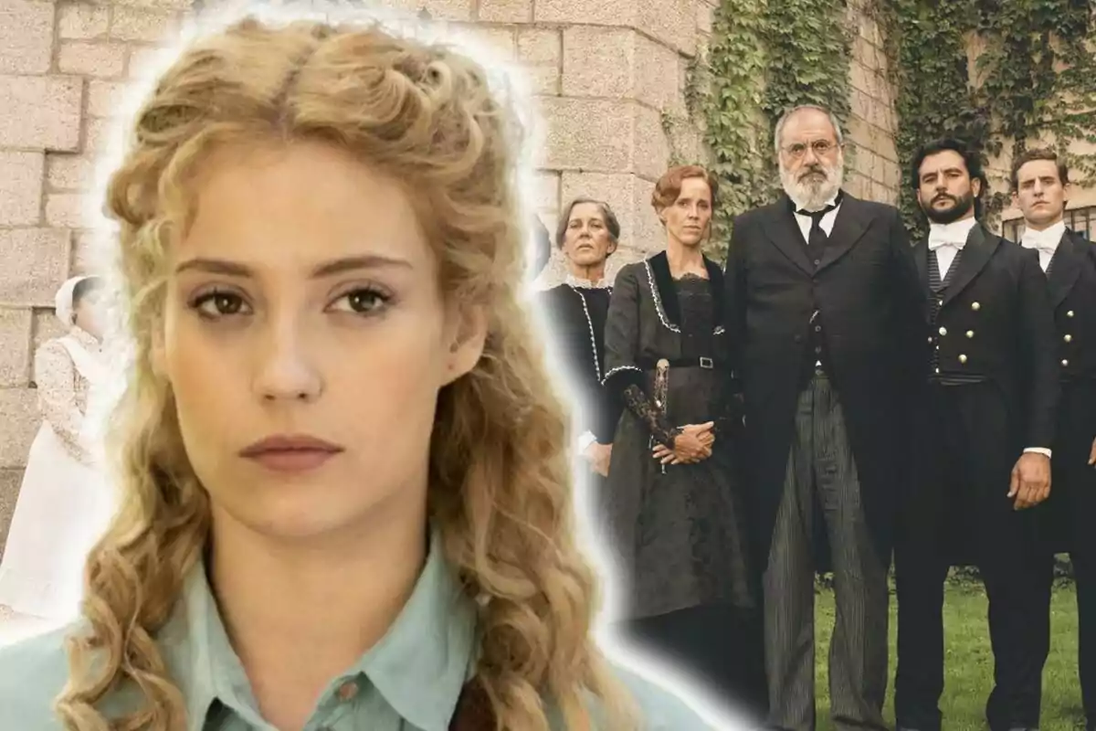 Ana Garcés in the foreground with a group of people dressed in period costume in the background in a promotional image for 'La Promesa', a RTVE series.