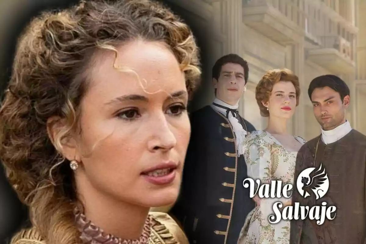 Marina Sabadell con peinado rizado y expresión seria en primer plano, al fondo tres personas vestidas con trajes de época junto a un edificio antiguo, con el texto "Valle Salvaje" en la imagen.