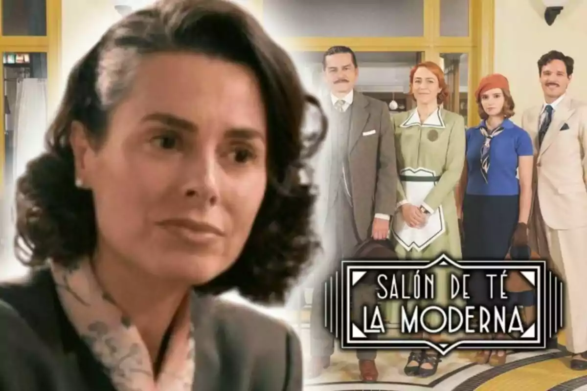 Begoña Maestre en primer plano con expresión seria y un grupo de personas elegantemente vestidas al fondo junto al texto "Salón de Té La Moderna".