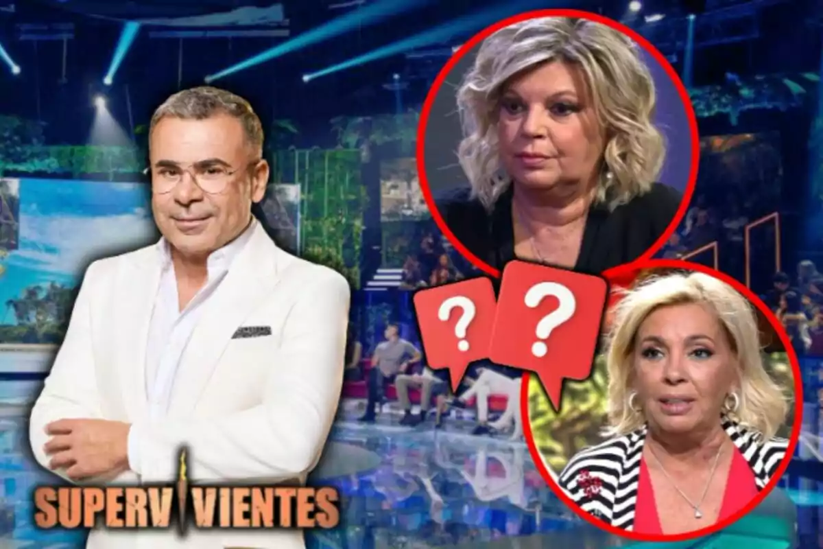 Jorge Javier Vázquez con traje blanco aparece en un plató de televisión con el logo de "Supervivientes", y Carmen Borrego y Terelu Campos en círculos rojos con signos de interrogación.