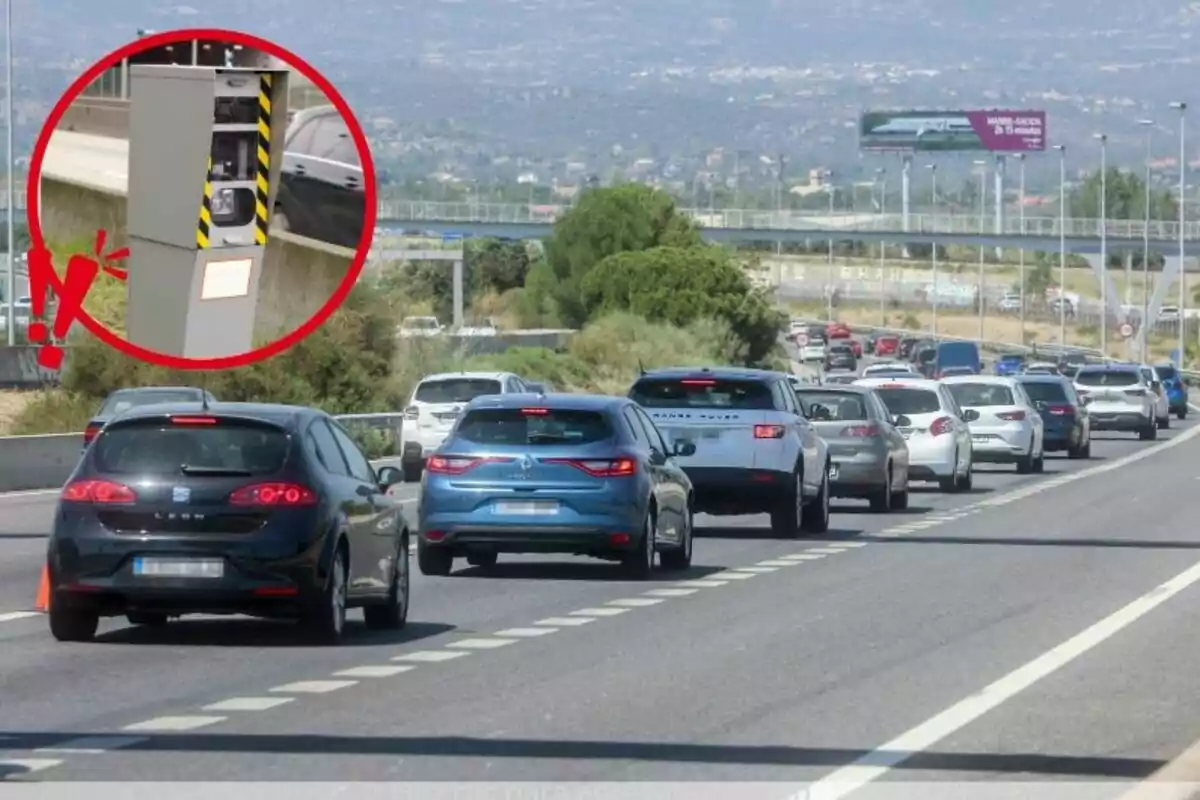 Montaje de fotos de una carretera con tráfico y una máquina de radar