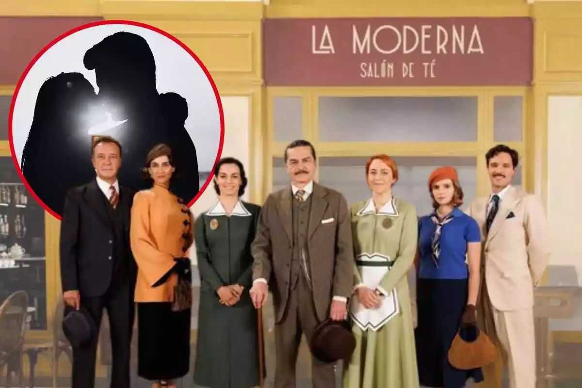 Montaje de fotos del cartel de la serie 'La Moderna' y, al lado, la silueta de dos personas dándose un beso