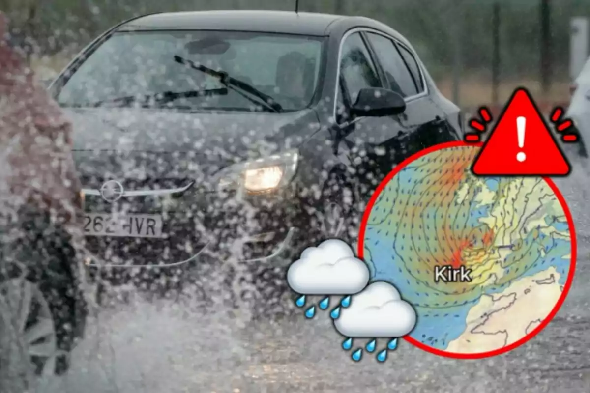 Un coche circula bajo la lluvia intensa mientras un gráfico meteorológico muestra una advertencia de tormenta llamada Kirk.