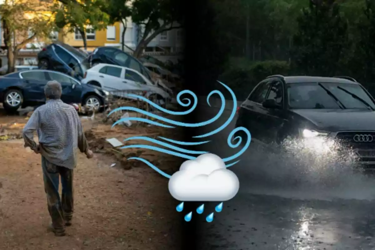 Un hombre observa varios coches apilados tras una tormenta mientras un coche circula por una carretera mojada bajo la lluvia.