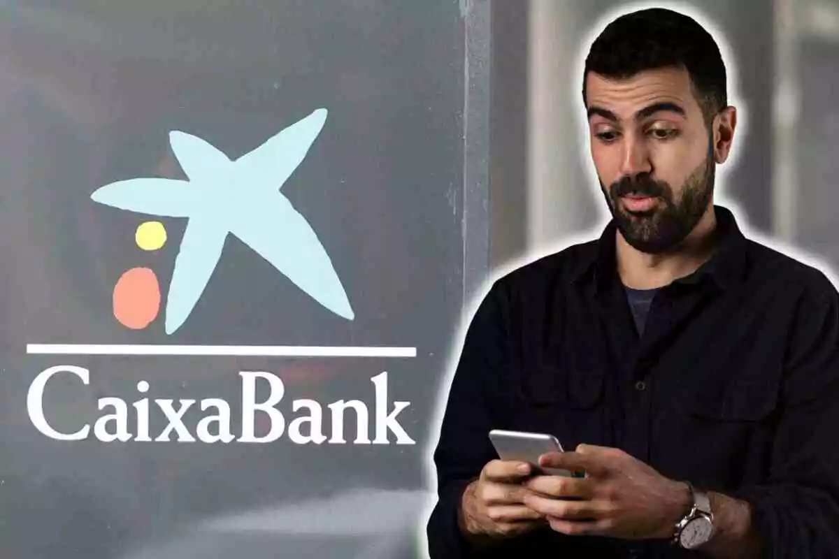 Hombre con expresión de sorpresa mirando su teléfono móvil junto al logo de CaixaBank Hombre con expresión de sorpresa mirando su teléfono móvil junto al logo de CaixaBank