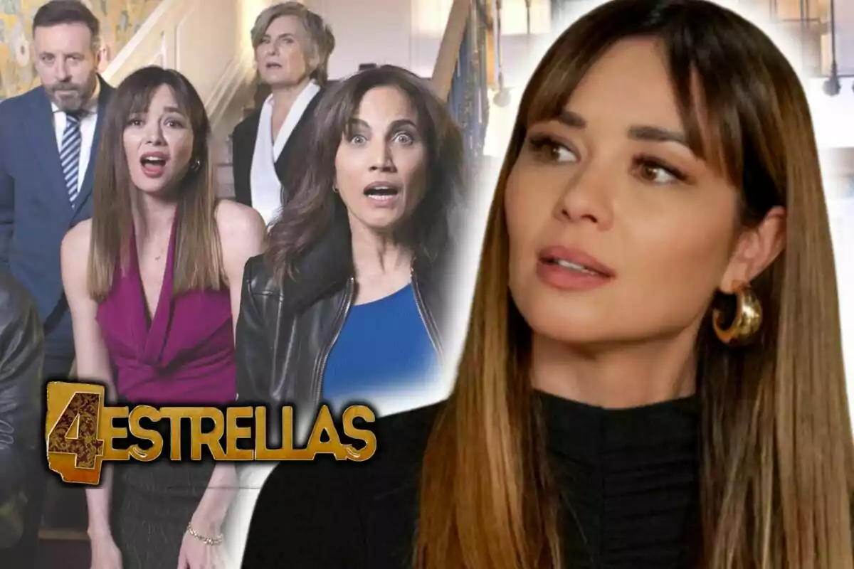 Imagen promocional de la serie "4 Estrellas" que muestra a varios personajes en una escena dramática, con Dafne Fernández en primer plano a la derecha.