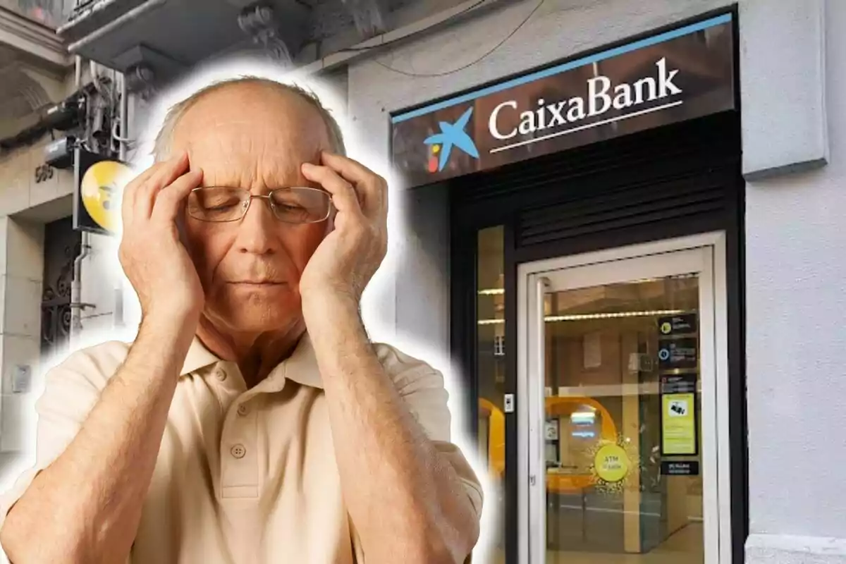 An older man with a worried expression touches his head in front of a CaixaBank branch.