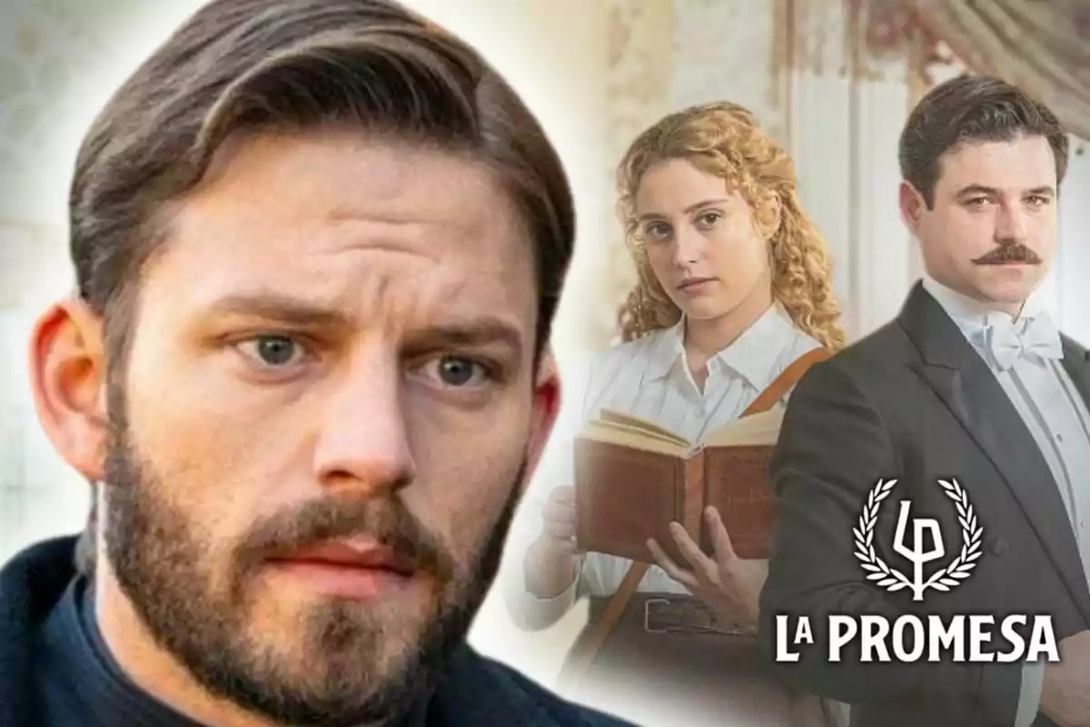 Primer plano de Daniel Schröder con expresión seria y al fondo una mujer con un libro y un hombre con bigote vestidos de época junto al logo de 'La Promesa'.