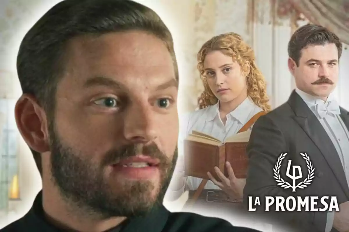 Primer plano de Daniel Schröder con barba y al fondo una mujer con un libro y un hombre con bigote, junto al logo de la serie 'La Promesa'.