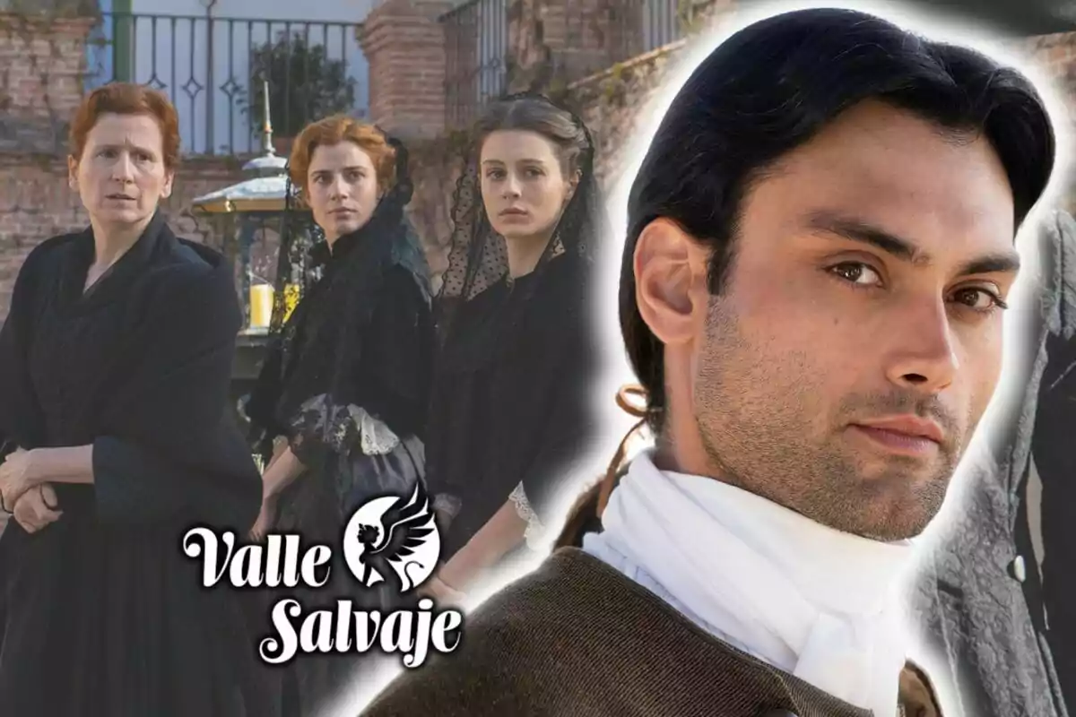 Imagen promocional de la serie "Valle Salvaje" con cuatro personajes, tres mujeres vestidas de negro y el actor Marco Pernas en primer plano.