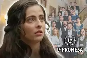 Ángela Echaniz con expresión preocupada en primer plano y un grupo de personas en el fondo, con el texto 