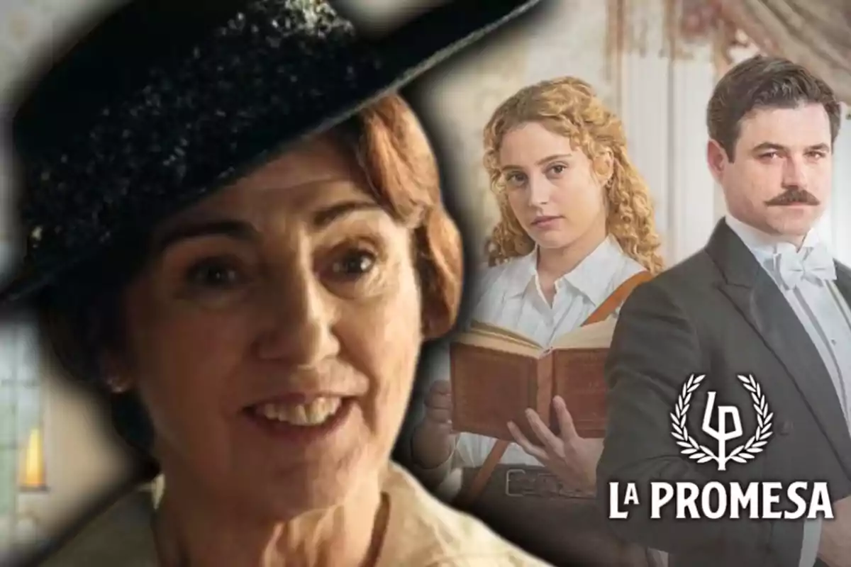 Tres personajes de la serie "La Promesa" con el logo de la serie en la esquina y, en primer plano, la actriz Arantxa Aranguren.