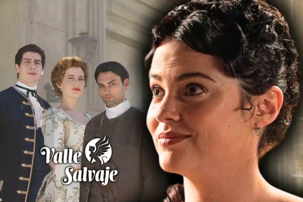 Montaje de fotos de primer plano de la actriz Cristina Abad con rostro neutro y, de fondo, un cartel de la serie 'Valle Salvaje'.