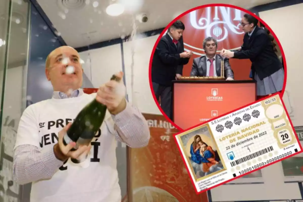 Montaje de fotos de un hombre descorchando cava en una administración de lotería nacional y, al lado, una imagen del sorteo con un décimo sin números abajo