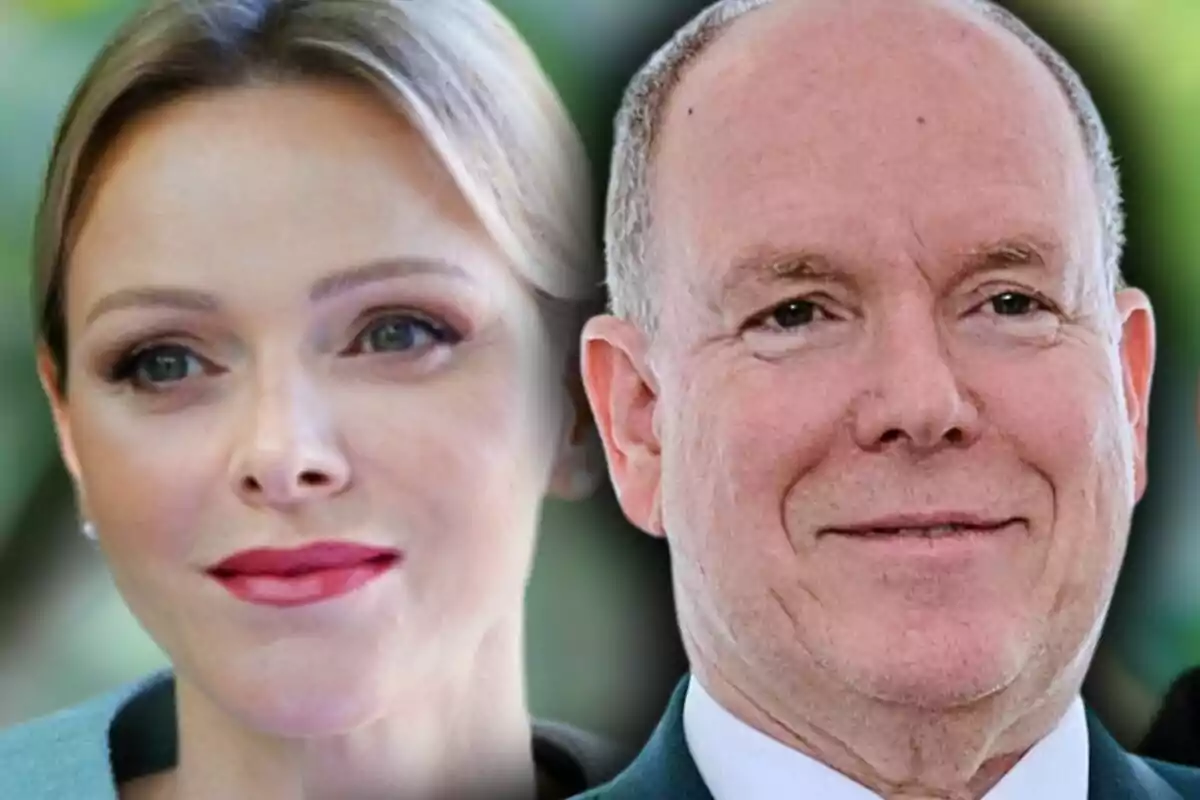 Close-up photo montage of Albert of Monaco and his wife, Charlene of Monaco, both with neutral expressions.