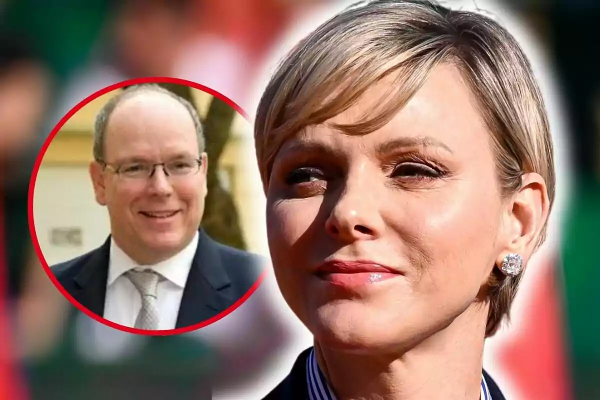 Primer plano de Charlene de Mónaco con expresión seria y al lado Alberto II con gafas en un círculo rojo en el fondo.