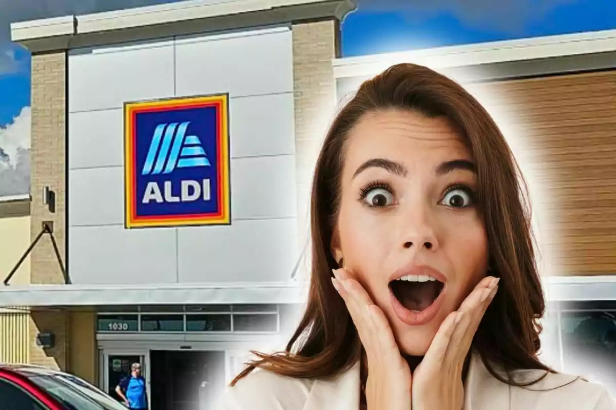 A woman with a surprised expression in front of an Aldi store. A woman with a surprised expression in front of an Aldi store.