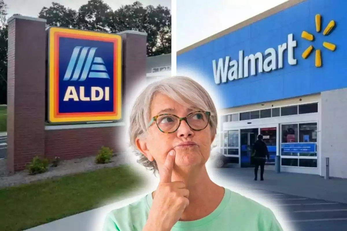 Photo montage of a thoughtful woman in front of Aldi and Walmart signs in the United States.