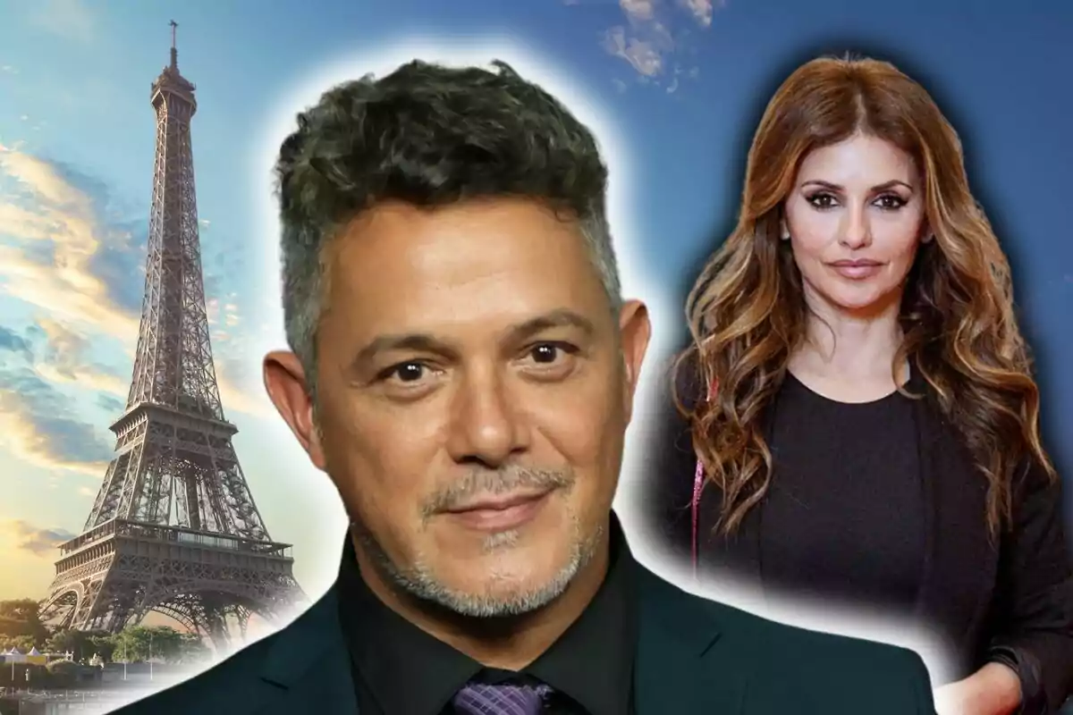 Montaje de fotos de plano corto de Alejandro Sanz y Mónica Cruz con la Torre Eiffel de fondo.