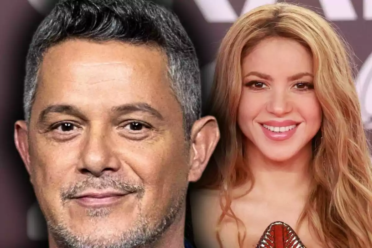 Close-up photo montage of Alejandro Sanz and Shakira, both with smiling faces.
