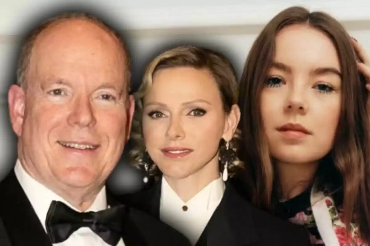 Montaje de fotos de primer plano de Charlene y Alberto de Mónaco, y, de fondo, una imagen de Alexandra de Hannover.
