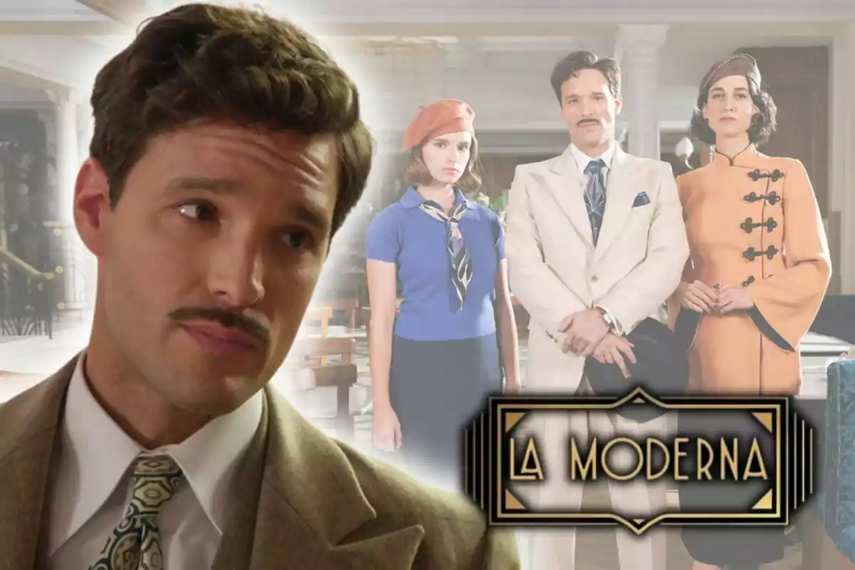 Imagen promocional de la serie "La Moderna" con Almagro San Miguel en primer plano y tres personas en el fondo, una mujer joven, un hombre y una mujer mayor, todos vestidos con ropa de época.