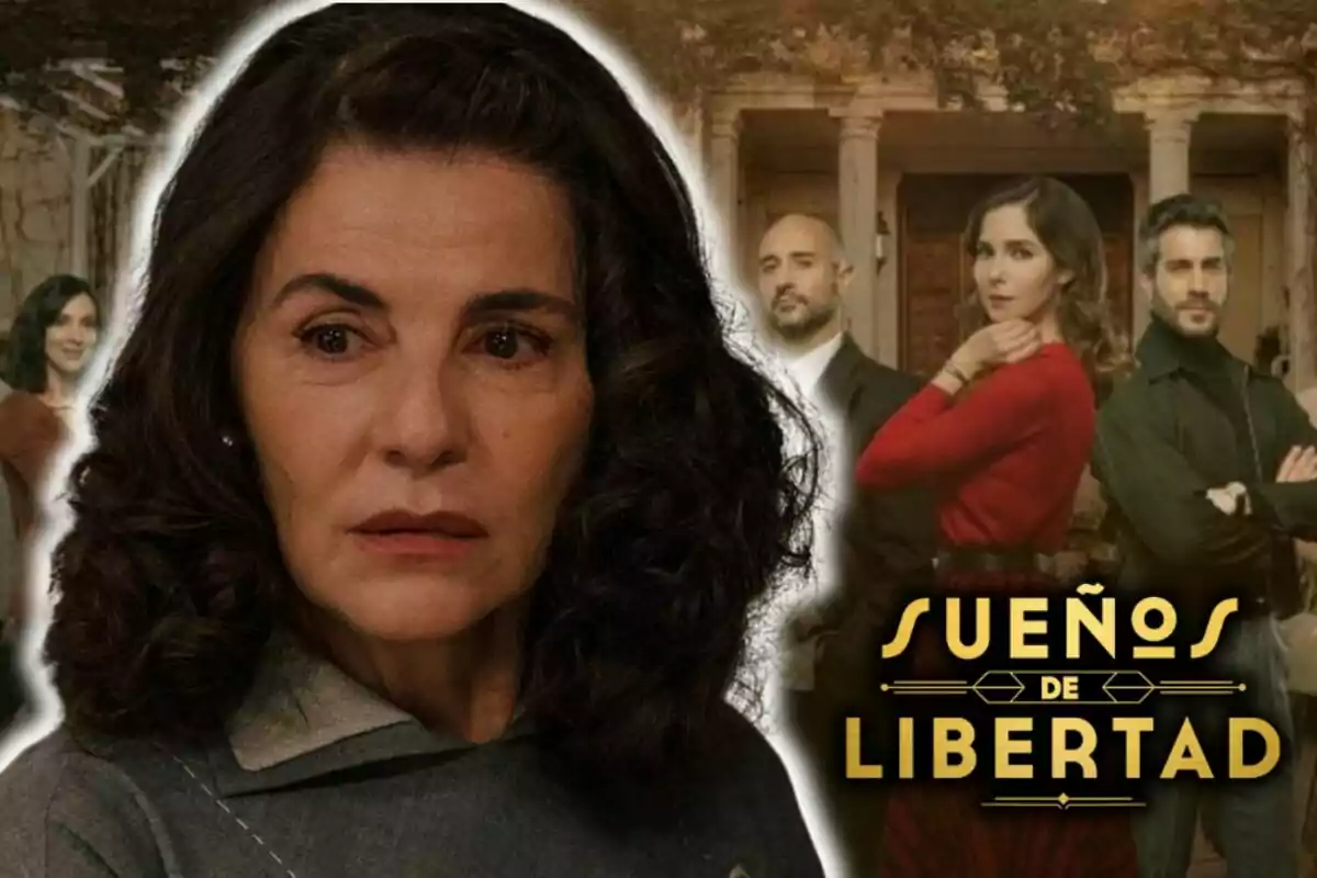 Actress Ana Fernández with dark hair and a serious expression in the foreground, with a group of people in the background and the text "Dreams of Freedom" at the bottom right.