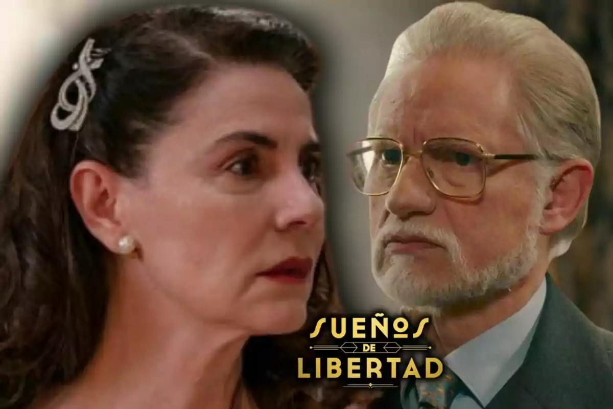 Dos personajes de la serie 'Sueños de Libertad' -que son Damián y Digna- mirándose con expresiones serias, mientras el logo de la serie aparece en la parte inferior de la imagen.