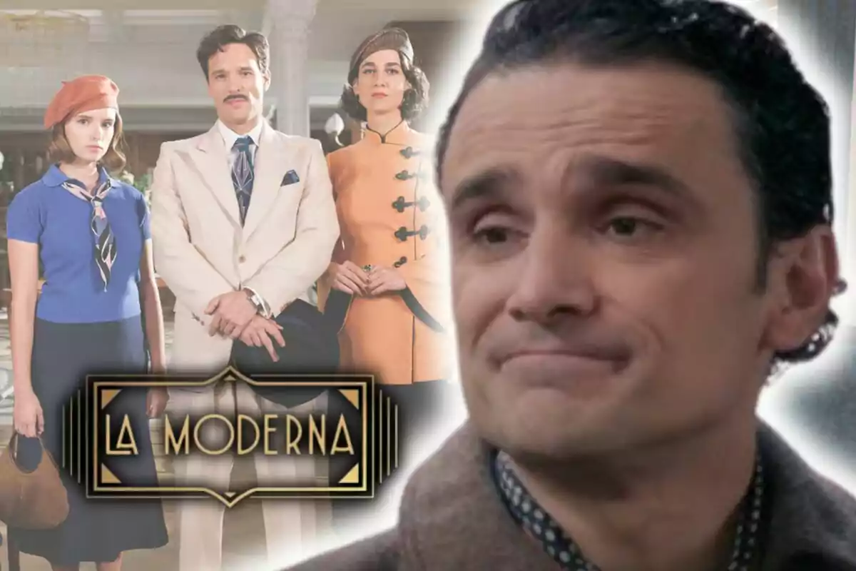 Imagen promocional de la serie "La Moderna" con tres personajes principales de fondo y, en primer plano, una foto del actor que participa en la serie Andrea Fiorillo con rostro serio.