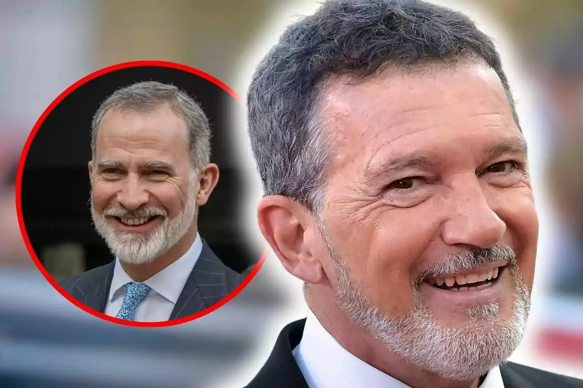 Montaje de fotos de primer plano de rey Felipe VI y, al lado, una imagen de Antonio Banderas; ambos sonrientes.