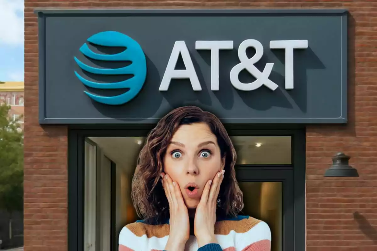 A woman with a surprised expression in front of an AT&T store.