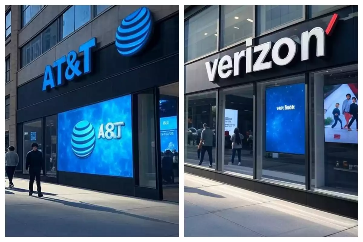 Two telecommunications stores, one from AT&T and another from Verizon, with their logos visible on the facades. Two telecommunications stores, one from AT&T and another from Verizon, with their logos visible on the facades.