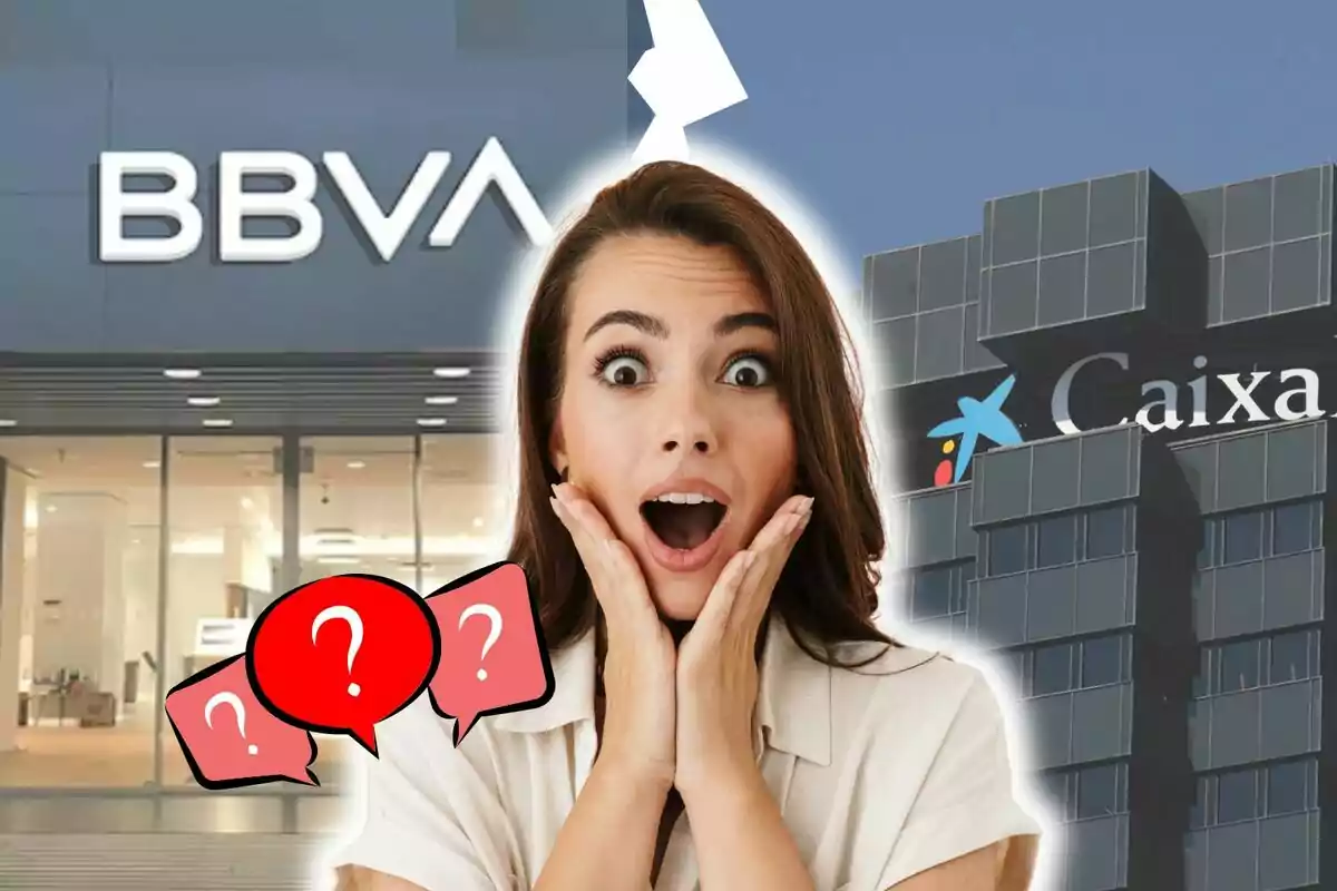 A woman with a surprised expression is in the center of the image, with logos of the BBVA and CaixaBank banks in the background and several red question mark icons around her.