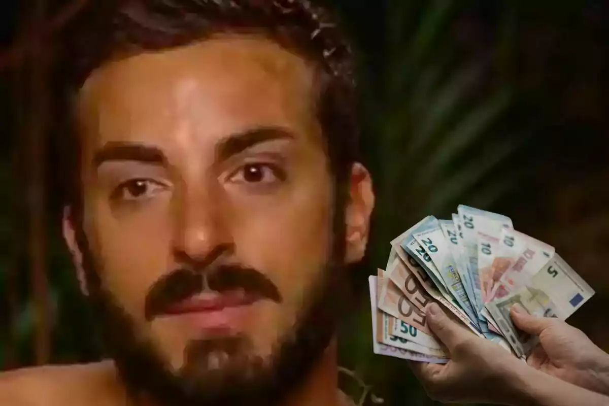 Montaje de fotos de Borja González, en el que aparece en primer plano, mientras una mano sostiene varios billetes de euro al lado.