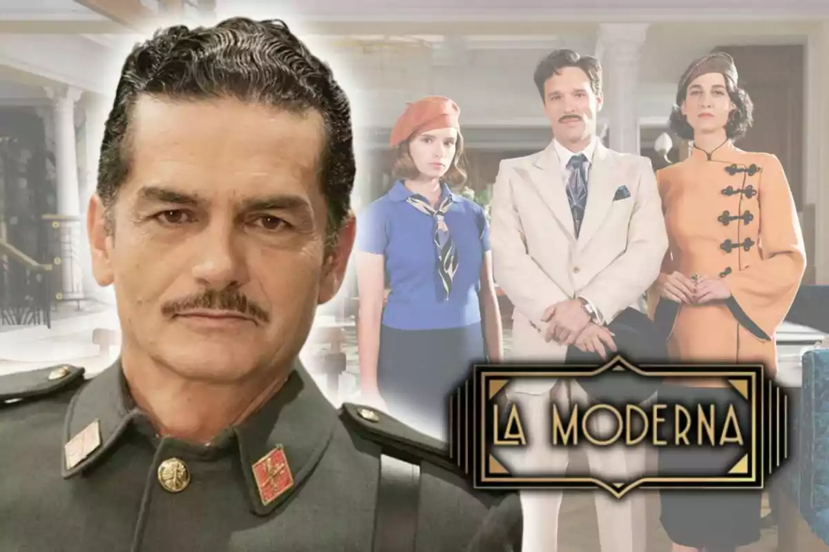 People dressed in period clothing, with a man in military uniform in the foreground and the title "La Moderna" at the bottom right.