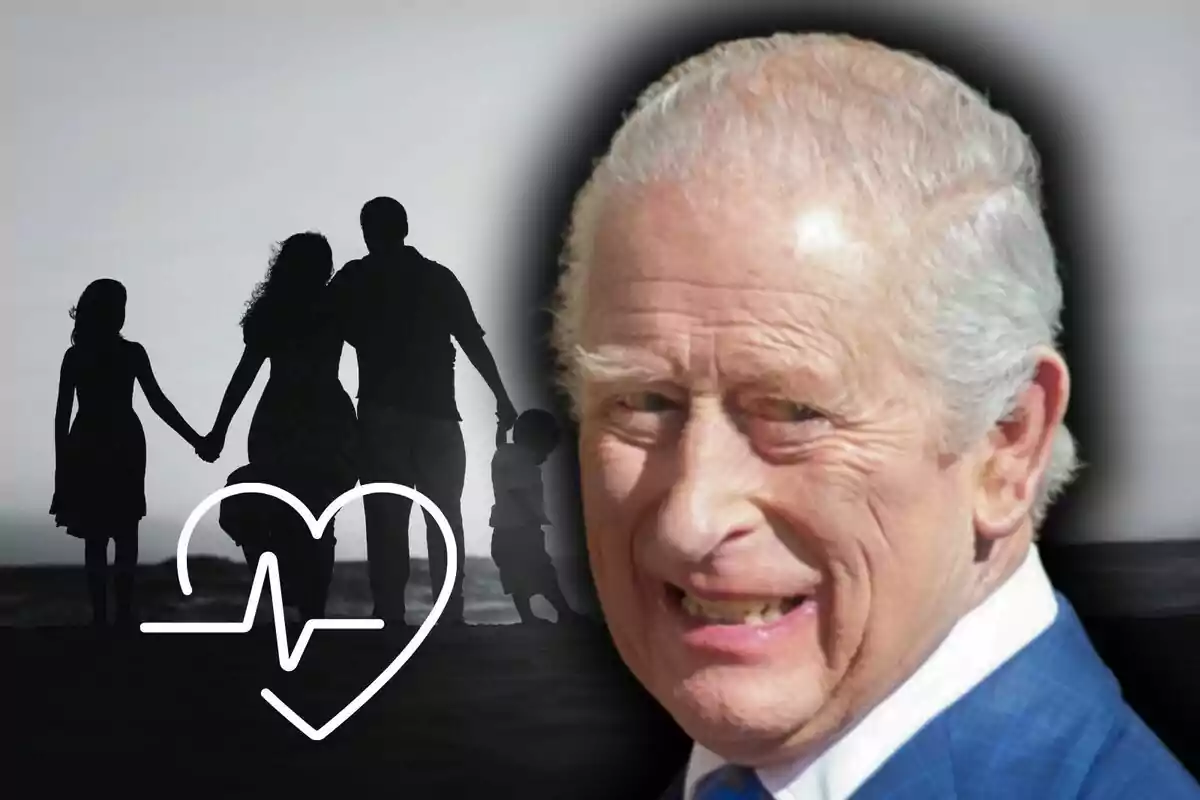 Montaje de fotos de Carlos III con rostro neutro en primer plano con el fondo de una familia tomada de la mano en silueta y un icono de corazón con línea de vida.