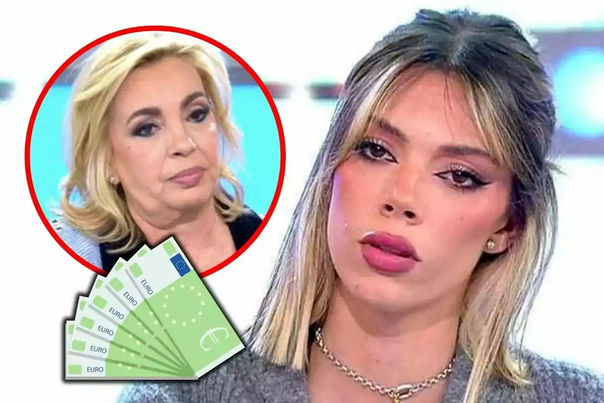 Montaje de fotos de primer plano de Alejandra Rubio y Carmen Borrego ambas con rostro serio y, al lado, un emoji de billetes de euro.