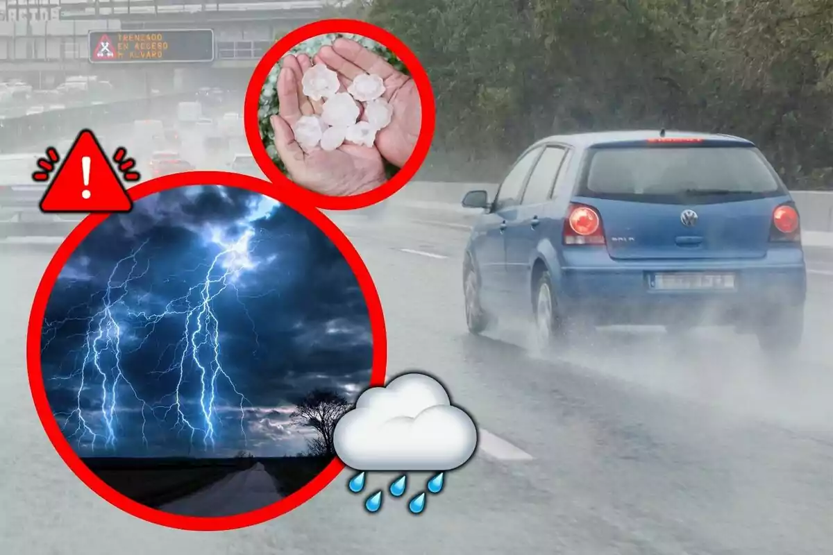 Un coche azul circula por una carretera mojada bajo la lluvia, con advertencias de tormenta eléctrica y granizo representadas en círculos rojos y un ícono de nube con gotas de agua. Un coche azul circula por una carretera mojada bajo la lluvia, con advertencias de tormenta eléctrica y granizo representadas en círculos rojos y un ícono de nube con gotas de agua.
