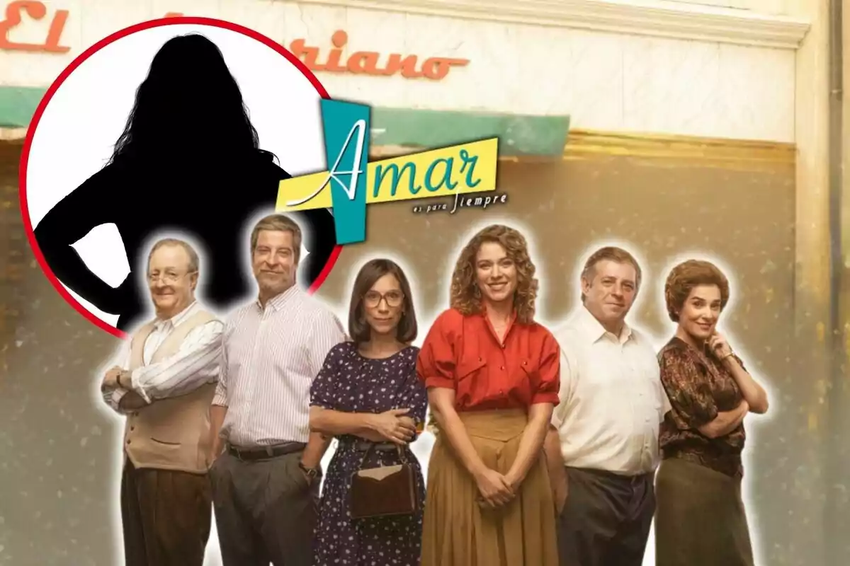 Imagen promocional de la serie "Amar es para siempre" con varios personajes posando frente a un fondo que muestra el nombre "El Asturiano" y una silueta en negro destacada en un círculo rojo.