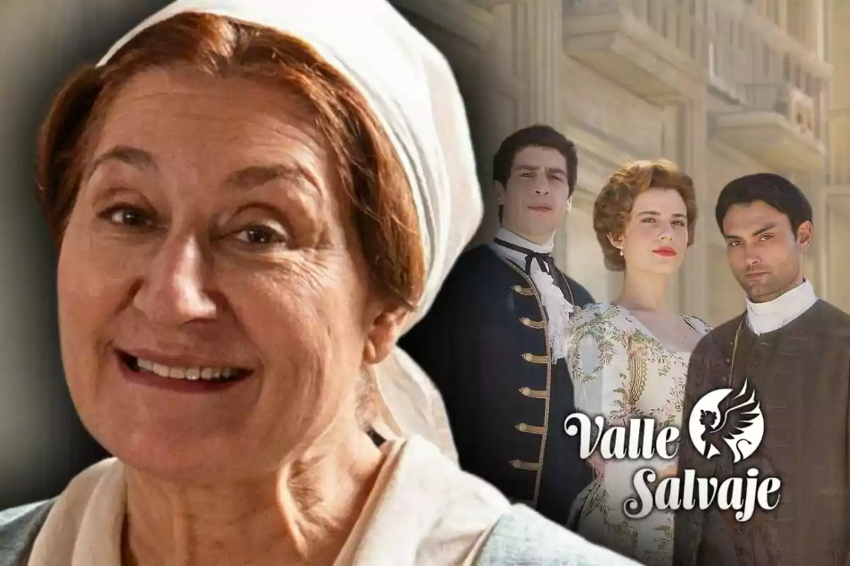 Primer plano de Chiqui Fernández sonriente mientras tres personas vestidas con ropa de época posan al fondo junto al logo de "Valle Salvaje".